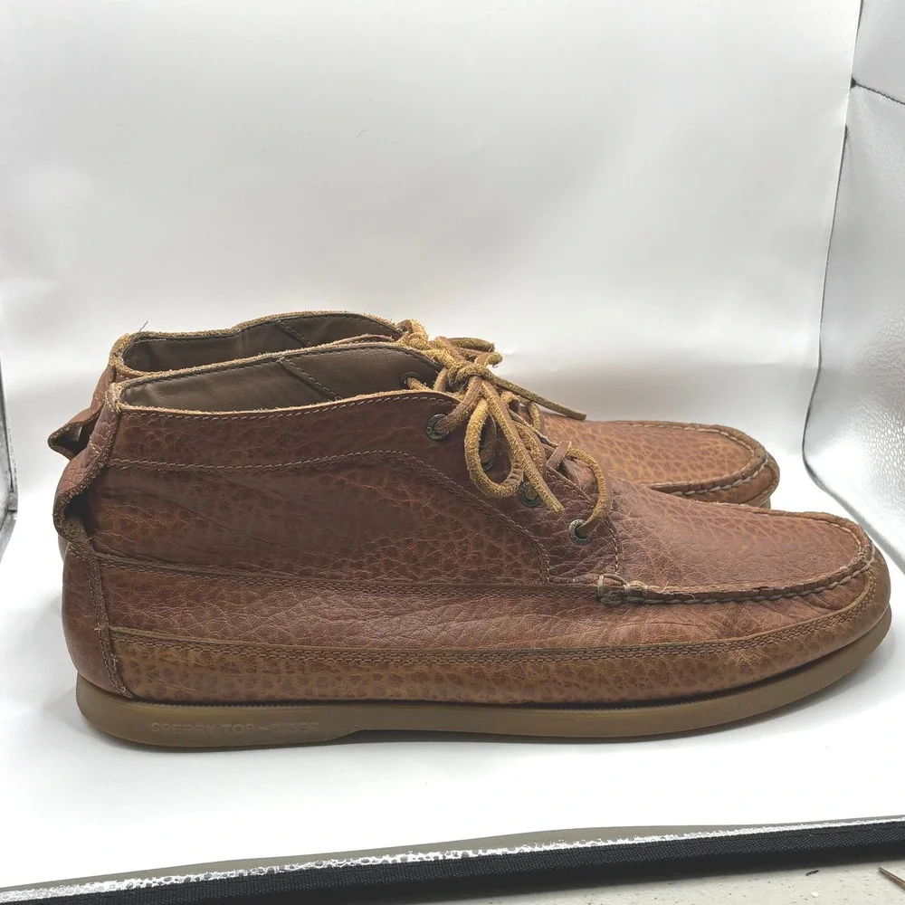 Chukka Boots Sperry 14 Brown Pebbled Leather Moc Toe Cabin Rugged Shoe Preppy
